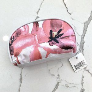 Pink White Floral Clamshell Cosmetics Makeup Bag